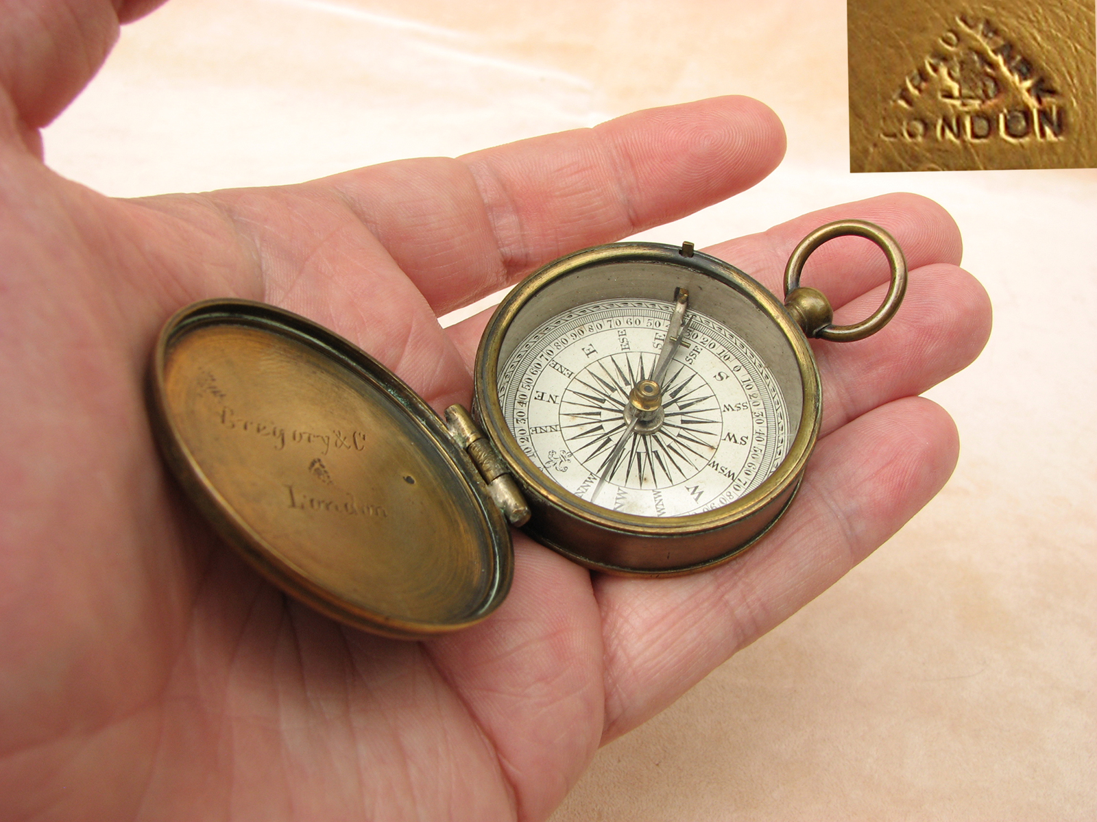 Antique Victorian brass compass signed Gregory & Co, London